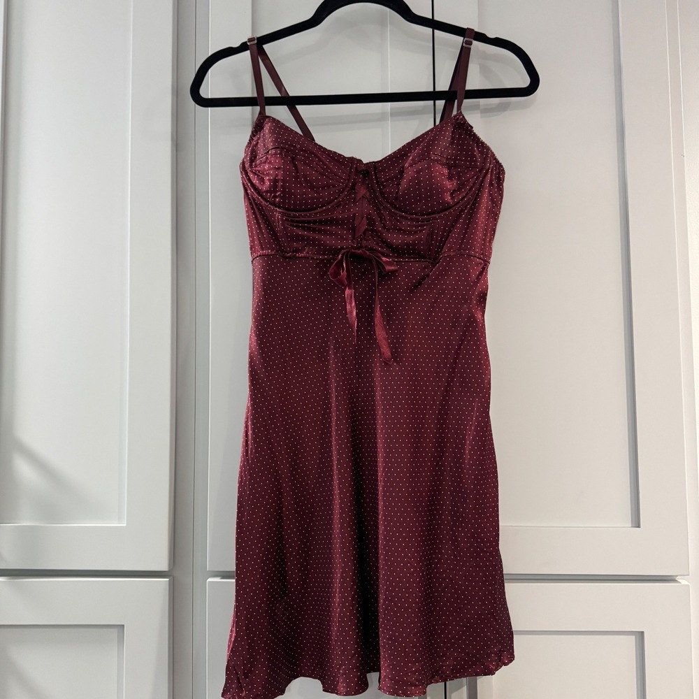 90s Cacique 100% Silk Polka Dot Slip Dress Burgundy Bustier‎ Lingerie Medium